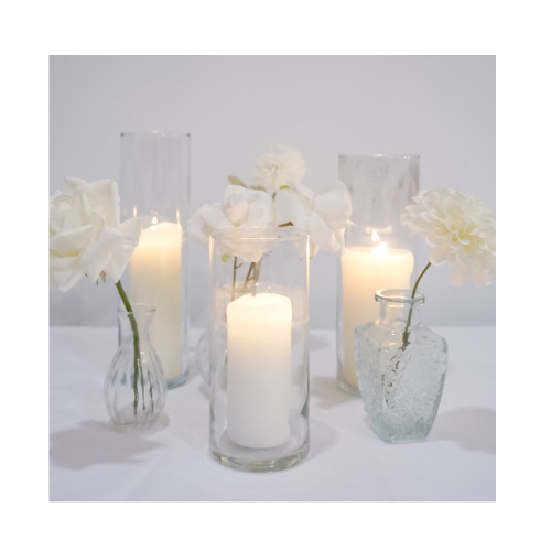 Celestial Centerpiece for Round Tables (3 hurricane vase with real candles, 4 bud vases flower) - $35