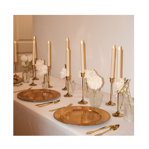 Golden Set (10 taper candle with holder, 9 bud vases with flower) - $75